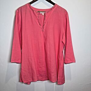 Eileen Fisher Pink Irish Linen Shirt Women's Size Large Embellished Tunic Top